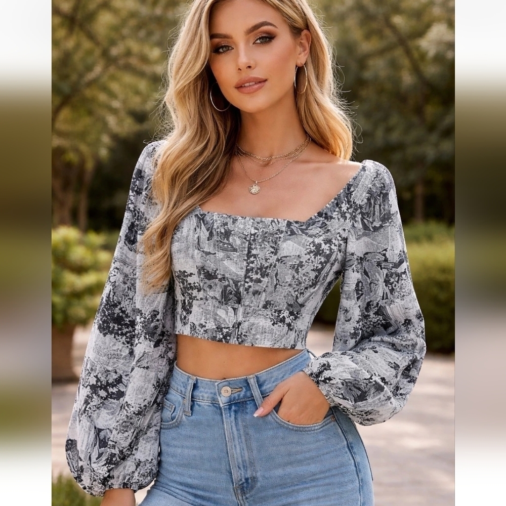Urban Outfitters Toile Corset Crop Top Puff Sleeve Smocked Back NWT Size S P